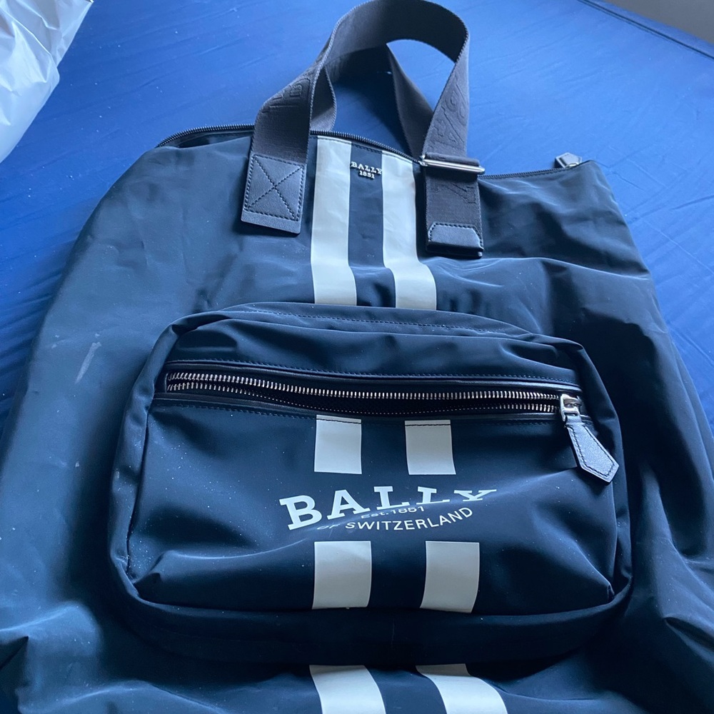 Bally Navy and White Striped Duffel Bag